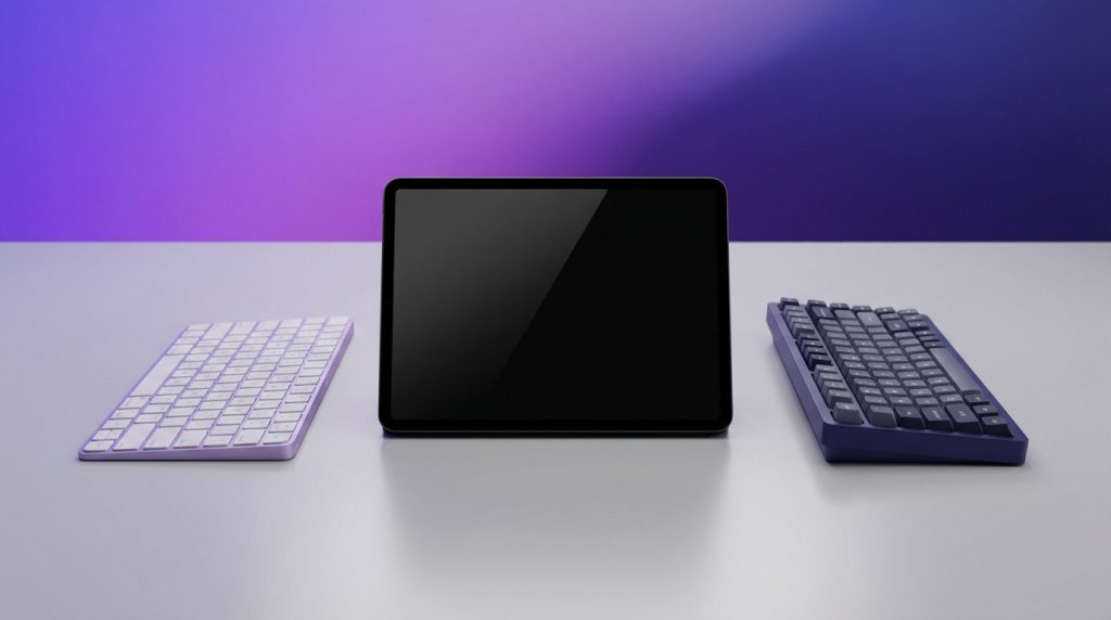 Comparative image of Apple Magic Keyboard and Logitech iPad keyboard for tablet productivity