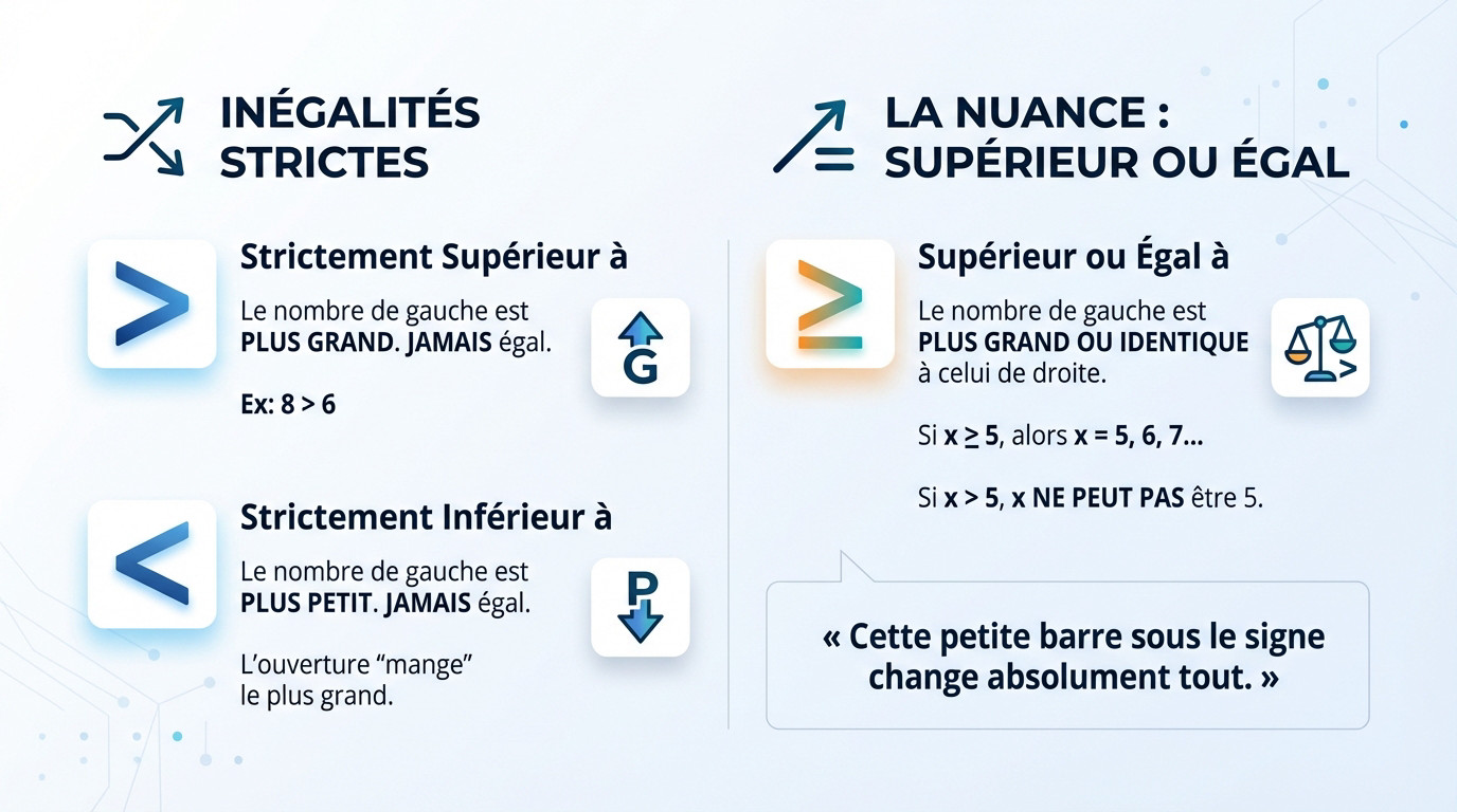 Infographie illustrant la différence entre le signe strictement supérieur et supérieur ou égal