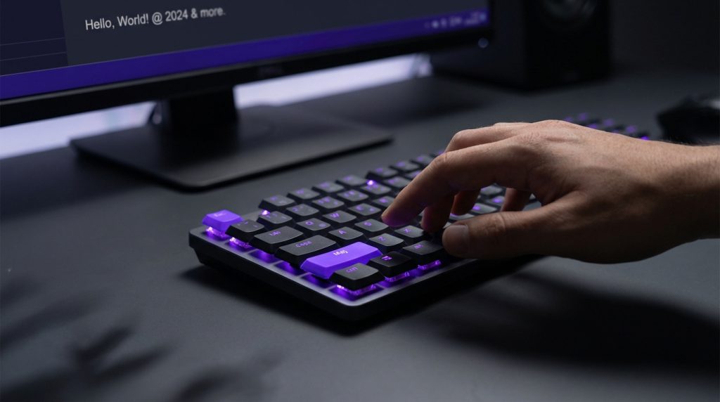 Touche clavier Maj avec flèche, symbolisant l'accès aux majuscules et caractères spéciaux