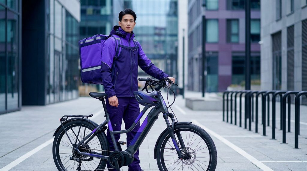 Livreur Deliveroo avec un vélo et un smartphone, prêt à s'inscrire