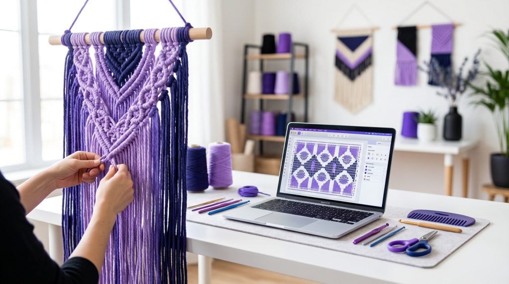 Crochet macramé avec corde en coton 3 mm et outils numériques pour patrons déco