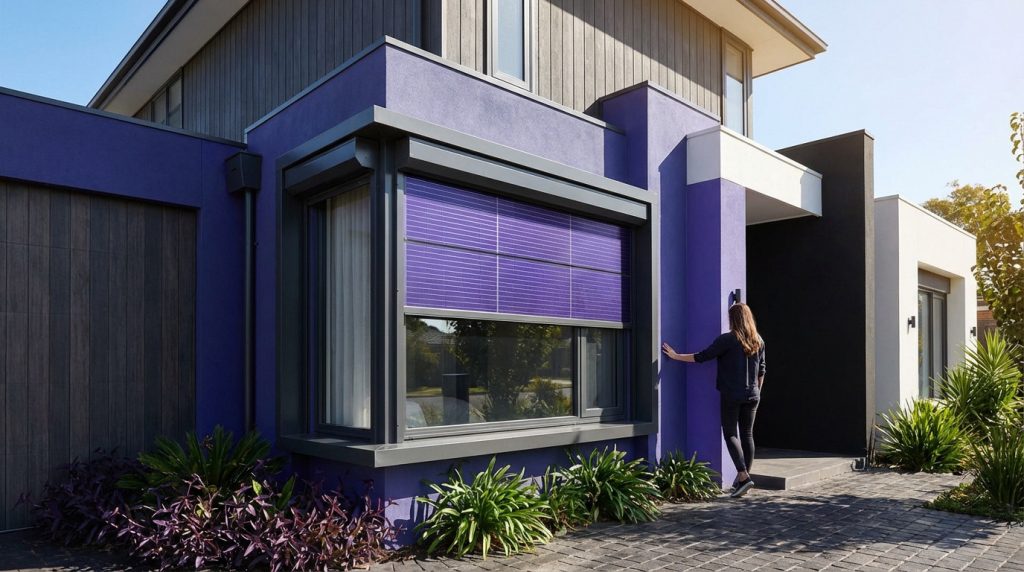 Volet roulant Somfy solaire installé sur une fenêtre, offrant une solution de rénovation sans travaux