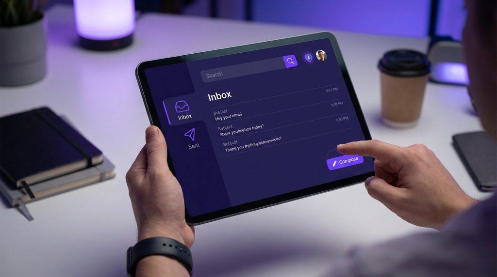 Interface SFR Mail montrant la gestion des courriels avec tri automatique et sécurité renforcée