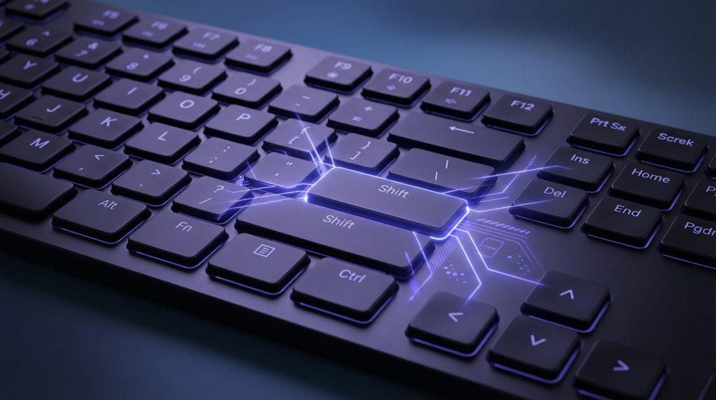 Touche Maj (Shift) sur un clavier AZERTY, illustrant son rôle dans la saisie de majuscules et les raccourcis clavier.