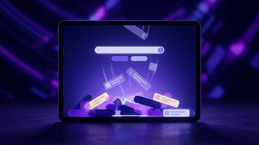 Illustration of Google Gravity experience showing elements collapsing and interacting on a webpage