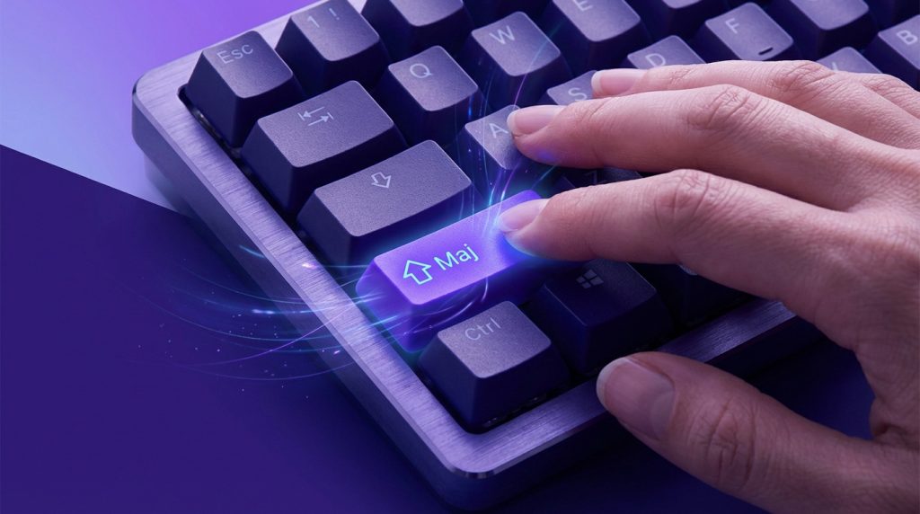 Clavier avec la touche Maj mise en évidence, symbolisant l'efficacité de la frappe rapide
