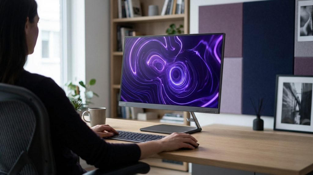 PC tout-en-un Lenovo sur un bureau moderne, illustrant le design minimaliste et la puissance pour le travail hybride.