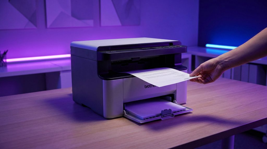 Brother DCP-1610W monochrome laser printer in a compact office setting