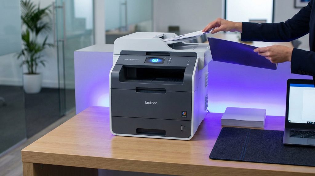 Brother MFC-L8390CDW laser printer in an office setting, showcasing productivity features