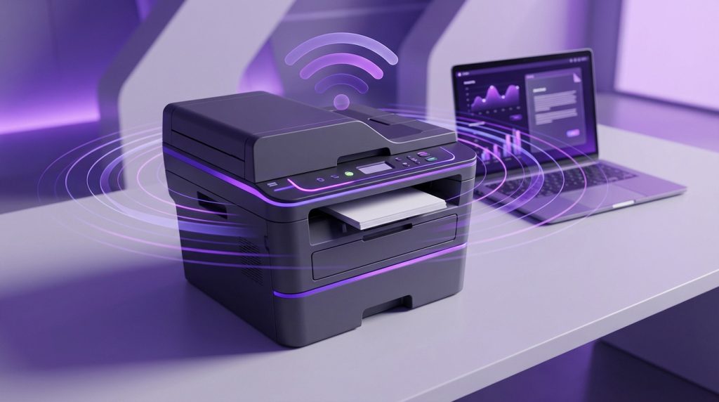 Brother DCP-L2620DW monochrome laser printer showcasing fast printing and Wi-Fi capabilities