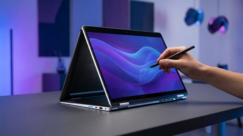 Dell Inspiron 2-in-1 laptop showcasing its 360-degree hinge and sleek aluminum design