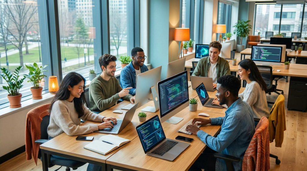 Une équipe diversifiée de jeunes développeurs travaillant ensemble sur des ordinateurs dans un bureau moderne et lumineux.