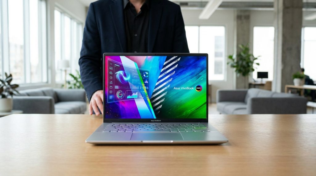Un ordinateur portable Asus Vivobook S16 posé sur un bureau, avec un écran affichant des graphismes colorés.