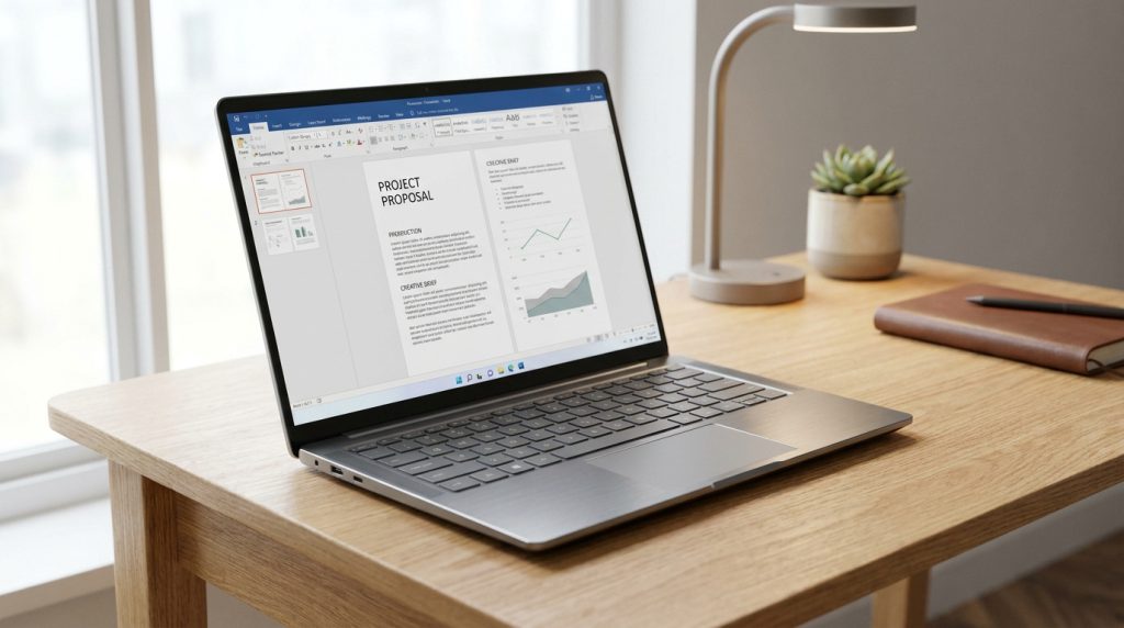 Ordinateur portable Dell Inspiron 14 ouvert sur un bureau en bois avec une présentation PowerPoint à l'écran.