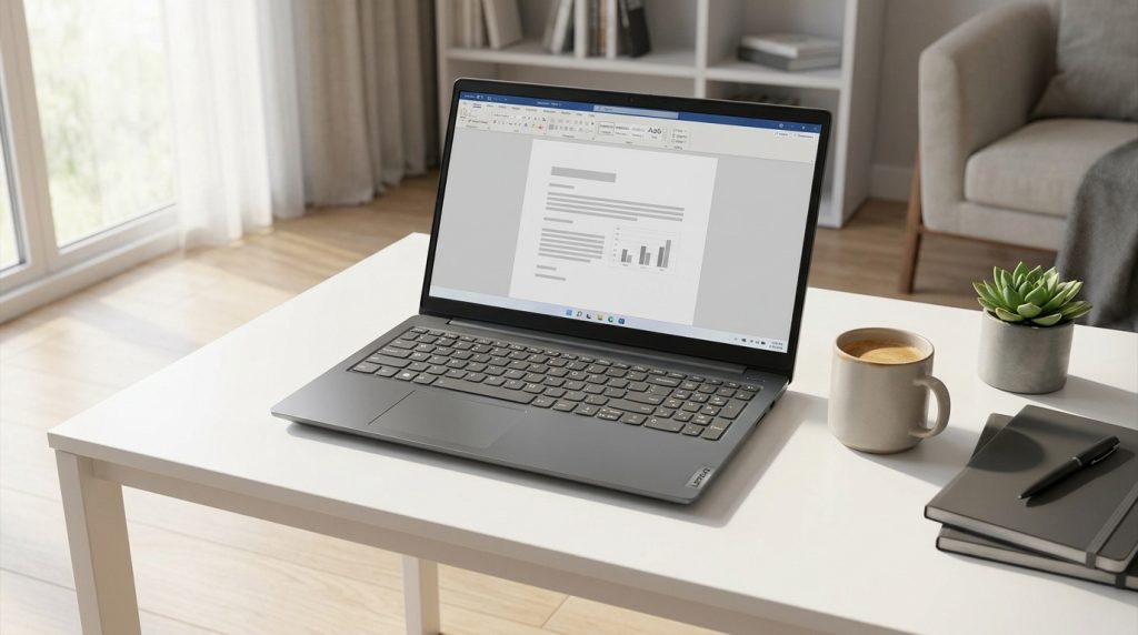 Un ordinateur portable Lenovo IdeaPad gris posé sur un bureau blanc lumineux avec un document ouvert à l'écran.
