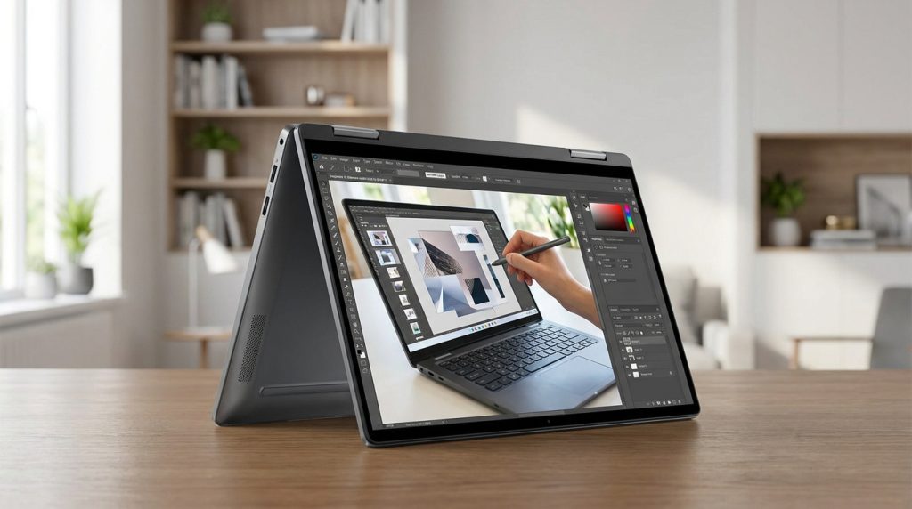 Ordinateur portable Dell Inspiron 16 en mode tente, utilisé avec un stylet pour de la création graphique.