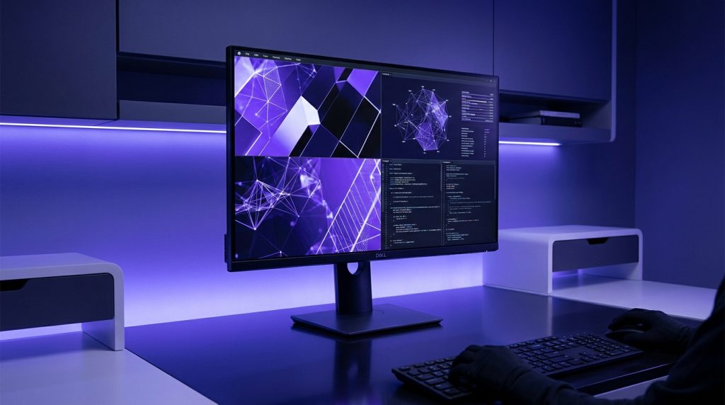 Dell U2723QE 4K IPS Black monitor showcasing vibrant colors and deep blacks for professionals