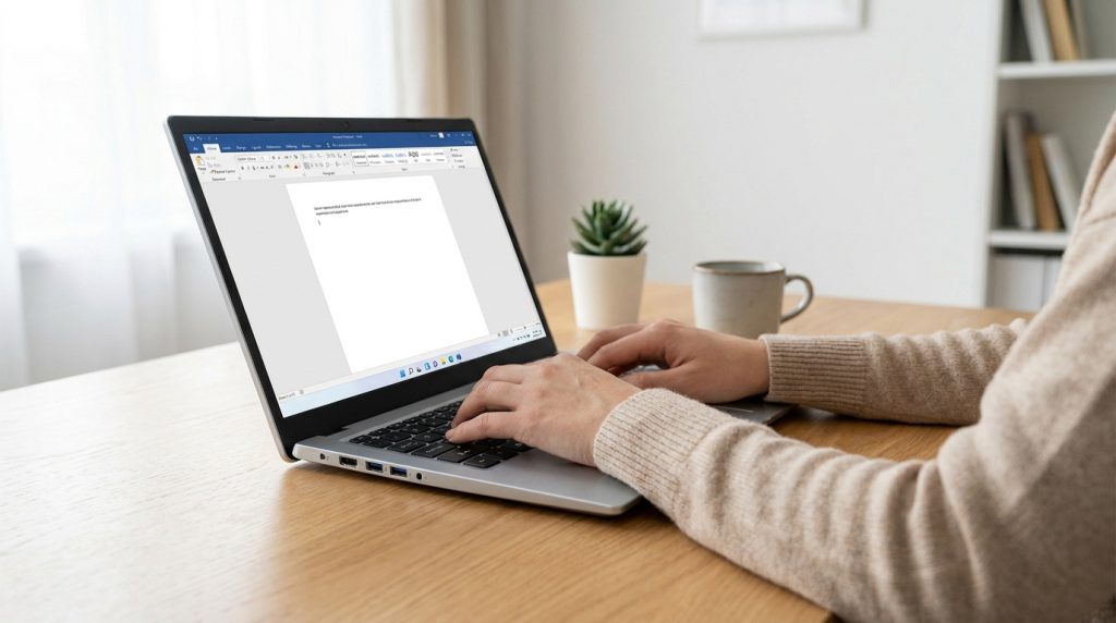 Une personne tape sur un ordinateur portable Acer Aspire 1 ouvert sur un bureau en bois avec une plante et une tasse.