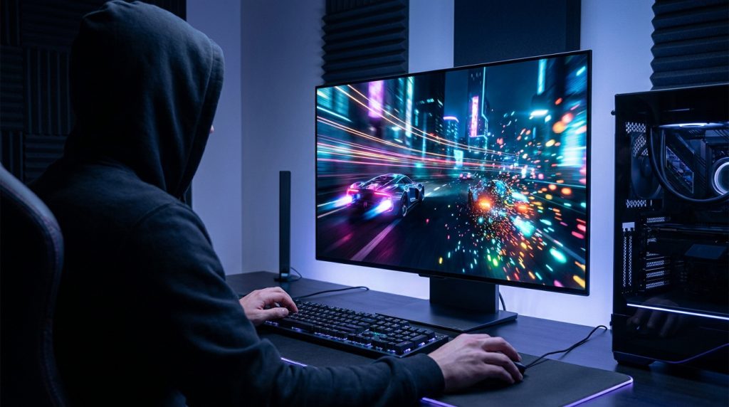 Un joueur en sweat à capuche devant un écran LG UltraGear OLED affichant un jeu de course futuriste dynamique.