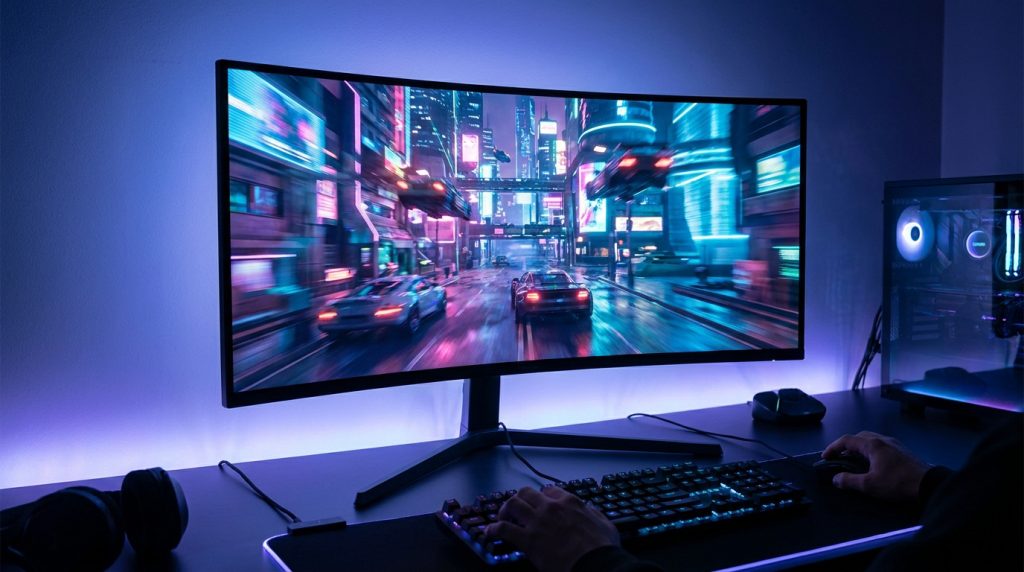 Moniteur incurvé Samsung Odyssey G5 affichant un jeu de course dans une configuration PC gamer avec éclairage LED.