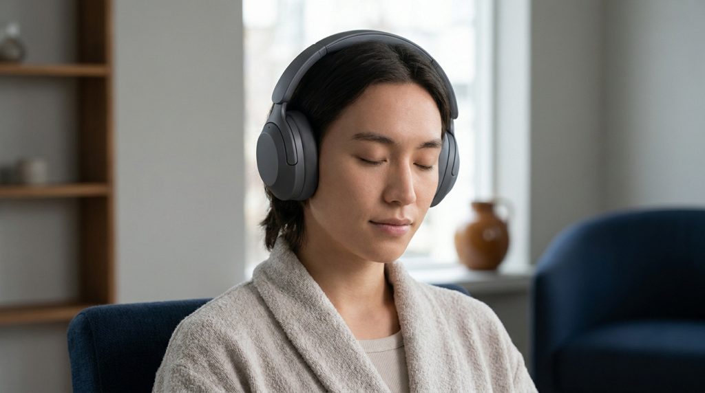 Une personne détendue portant un casque Bose QuietComfort SC dans un salon lumineux.