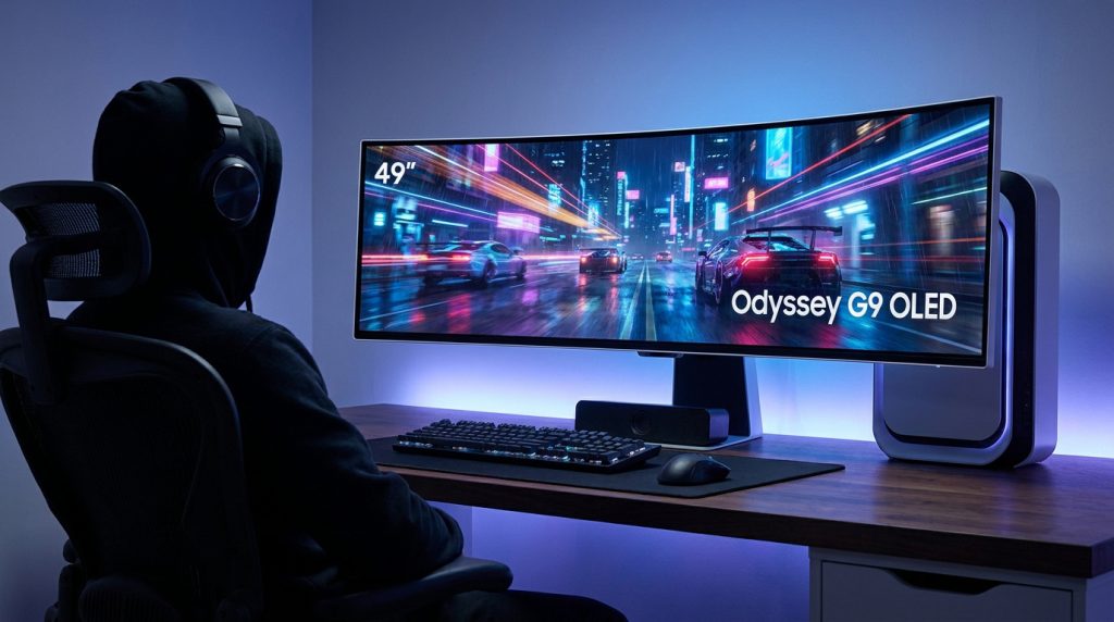 Un joueur en sweat à capuche devant un écran ultra-large Samsung Odyssey G9 OLED affichant une course de voitures urbaine.