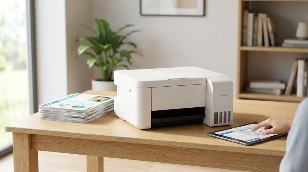 Imprimante blanche Epson EcoTank sur un bureau en bois avec une tablette et des documents imprimés à côté.
