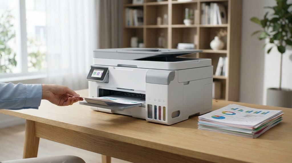 Une main récupère un document imprimé depuis une imprimante HP Smart Tank 7005 posée sur un bureau en bois.