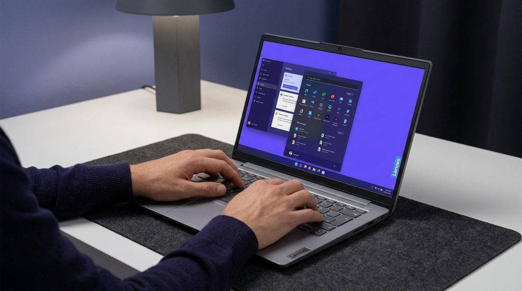 Lenovo IdeaPad Slim 3 laptop showcasing its sleek design and lightweight build, ideal for productivity.
