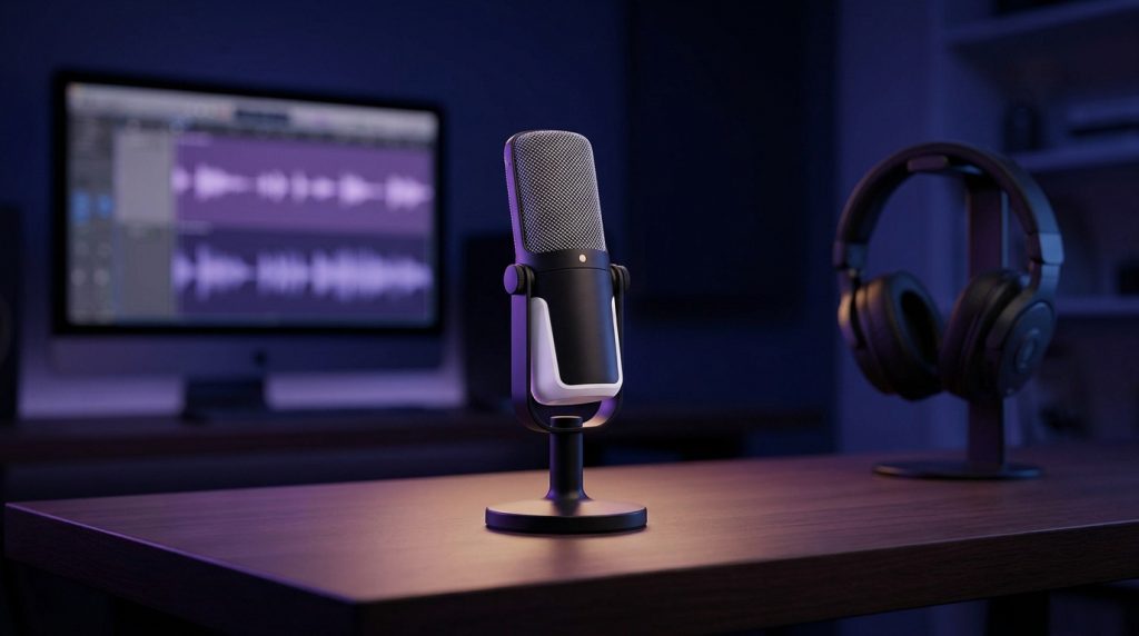 Rode NT-USB microphone on a desk for audio projects