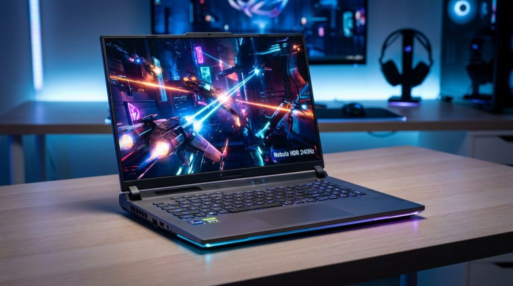Asus ROG Strix G18 posé sur un bureau avec un écran affichant un jeu spatial aux couleurs néon éclatantes.