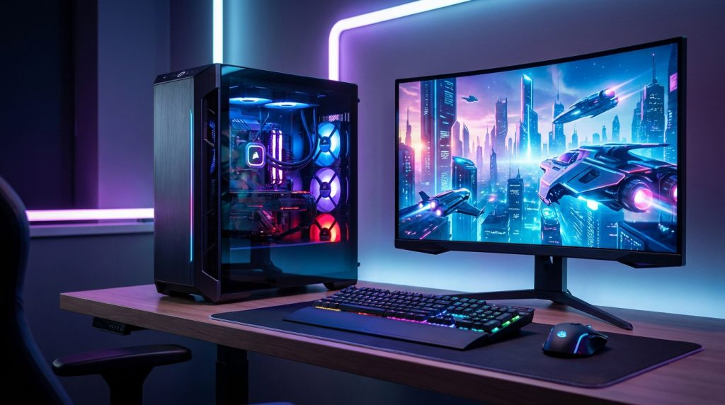 Setup PC gaming avec tour vitrée, éclairage LED RGB et moniteur affichant un paysage urbain futuriste.