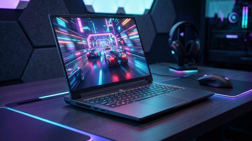 Un ordinateur portable Lenovo Legion affichant un jeu de course, sur un bureau gaming éclairé par des LED néon.