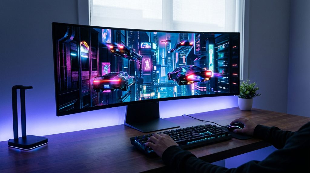Écran ultra-large Samsung Odyssey OLED G9 affichant un jeu futuriste sur un bureau avec éclairage LED.