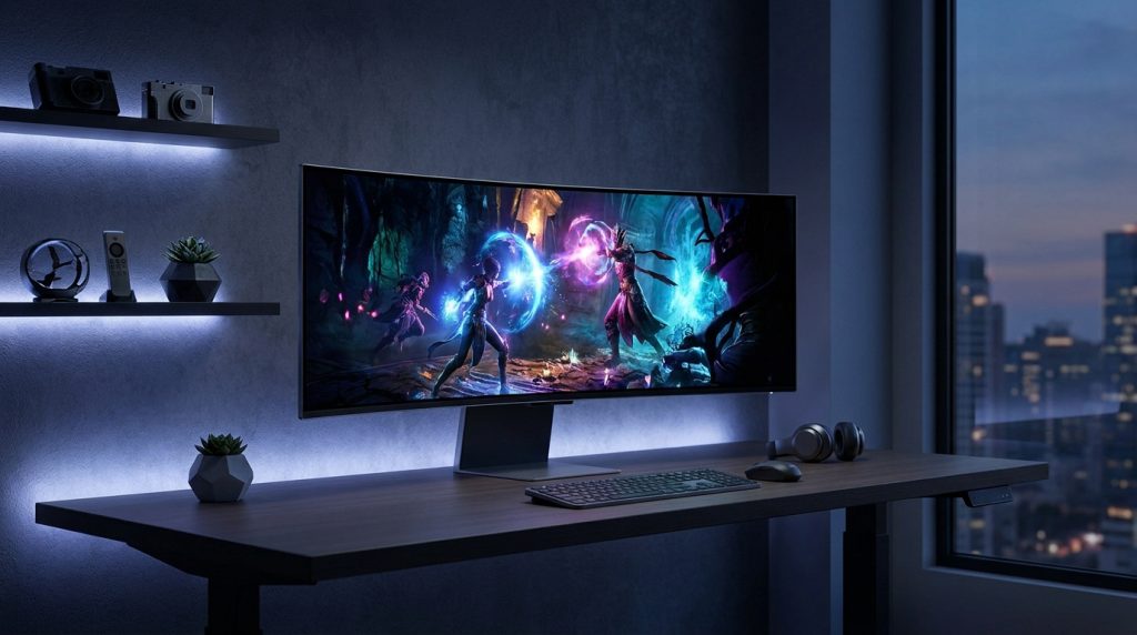 Moniteur gaming incurvé Samsung Odyssey G8 affichant un jeu vidéo fantastique sur un bureau moderne et élégant.