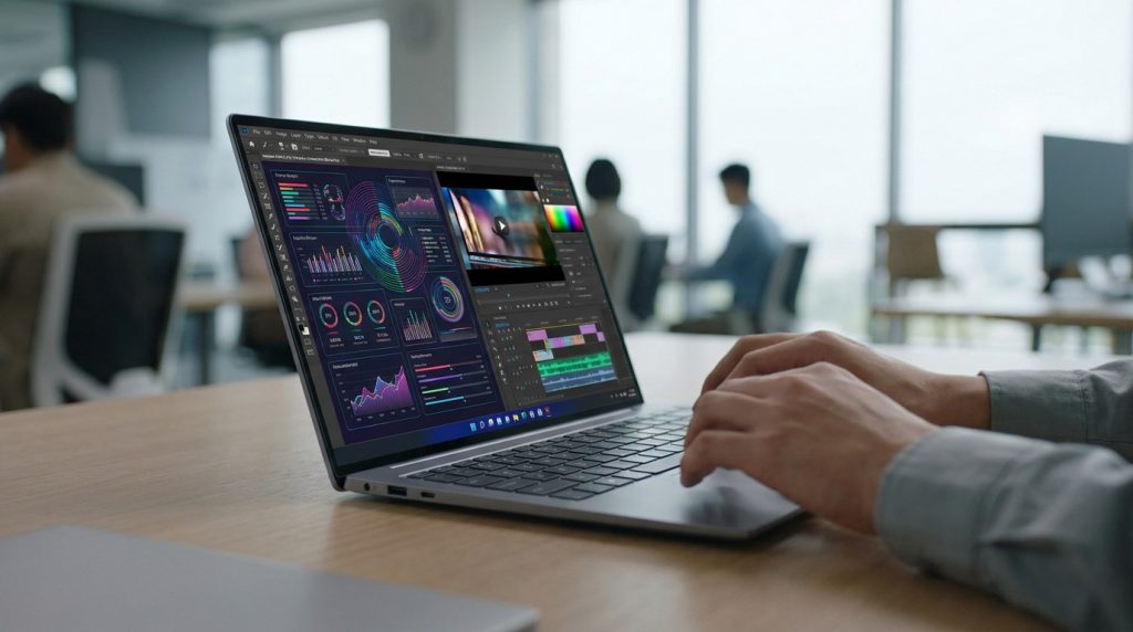 Un utilisateur travaille sur un Asus Zenbook OLED dans un bureau moderne avec un logiciel de montage vidéo ouvert.