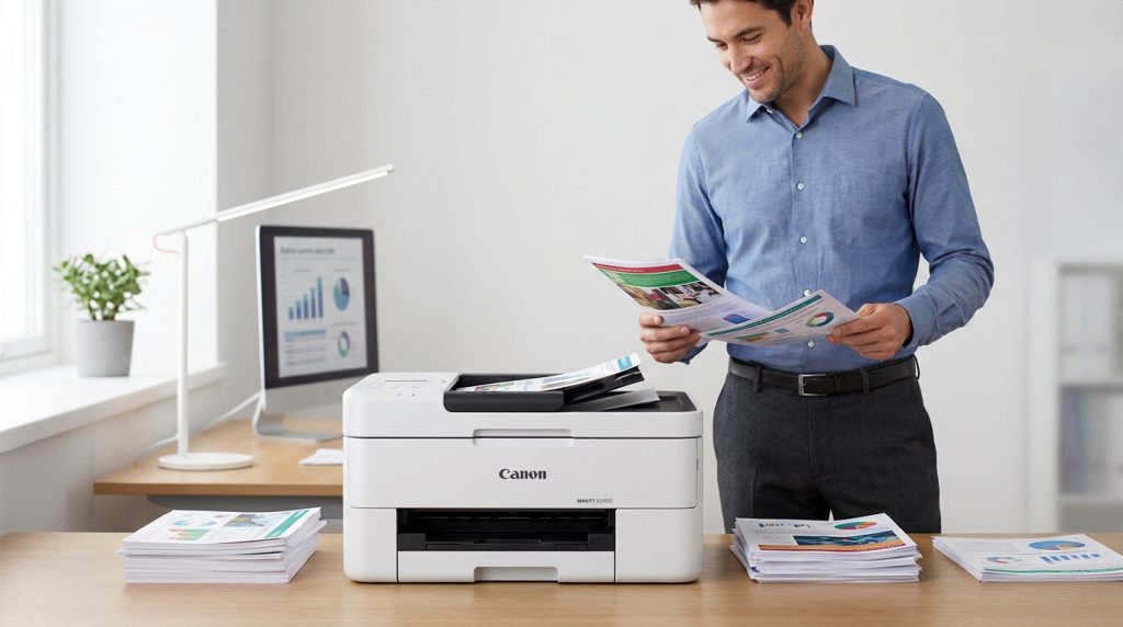 Un homme d'affaires souriant examine des documents imprimés à côté d'une imprimante Canon Maxify GX7050 sur un bureau.