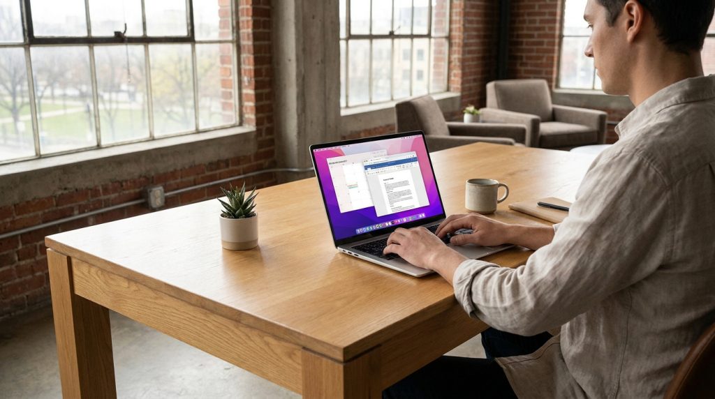 Un homme travaillant sur un ordinateur portable Acer dans un bureau lumineux et moderne.