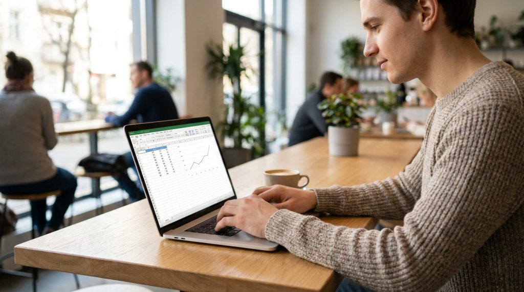 Jeune homme travaillant sur un ordinateur portable Lenovo IdeaPad dans un café lumineux.