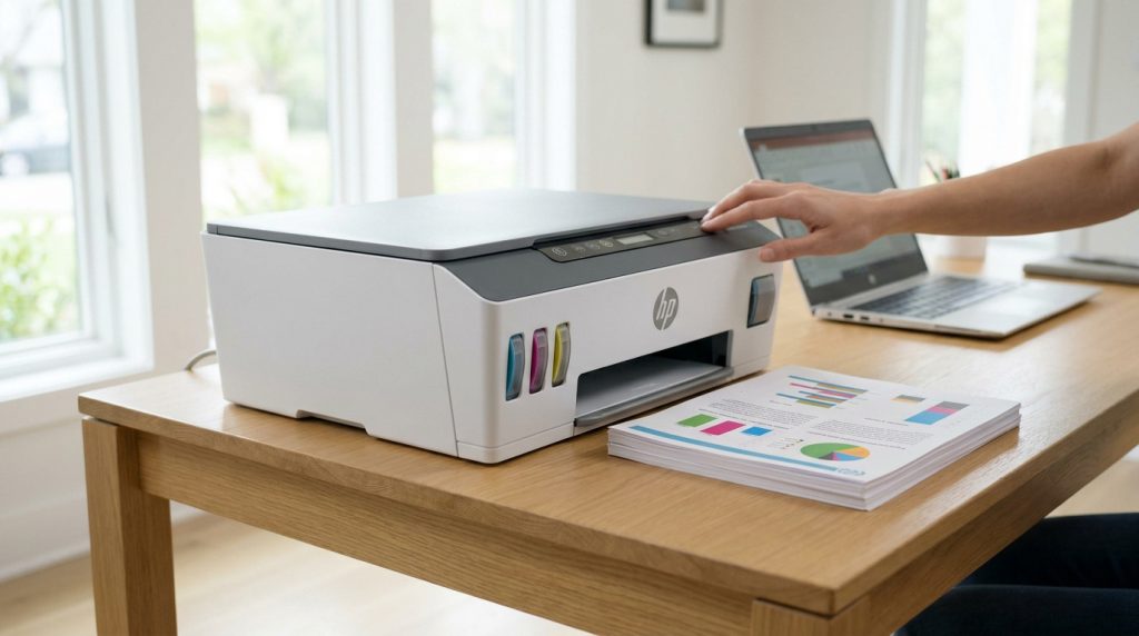 Une personne utilisant une imprimante HP Smart Tank blanche sur un bureau en bois près d'un ordinateur portable.