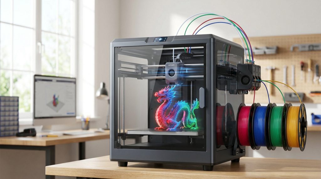Imprimante 3D Anycubic avec système multi-couleurs imprimant un dragon multicolore dans un atelier.