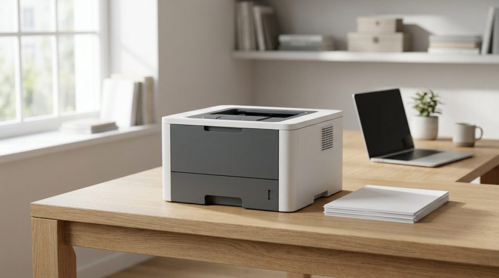 Imprimante laser HP LaserJet M110w compacte posée sur un bureau en bois clair dans un espace de travail épuré.