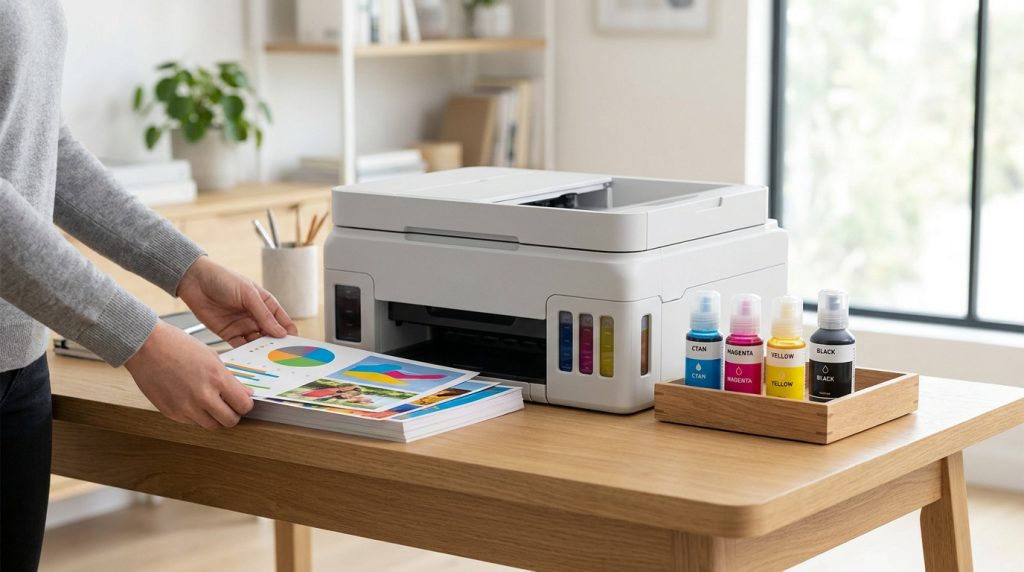 Une personne manipule des documents imprimés à côté d'une imprimante Epson EcoTank blanche sur un bureau en bois.