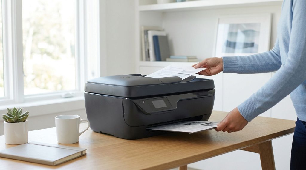 Une personne utilisant une imprimante HP OfficeJet 3831 noire sur un bureau en bois clair dans un espace de travail lumineux.