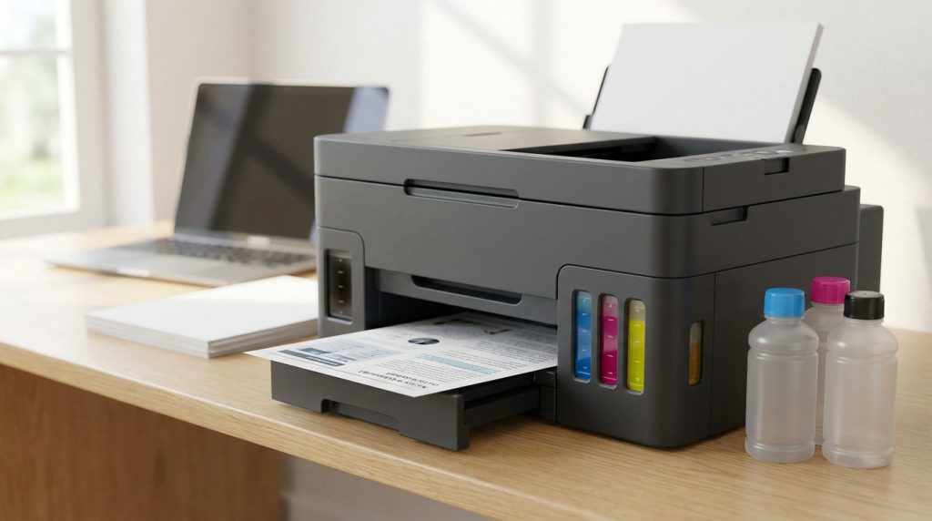 Imprimante Epson EcoTank ET-2870 noire avec des bouteilles d'encre sur un bureau près d'un ordinateur portable.
