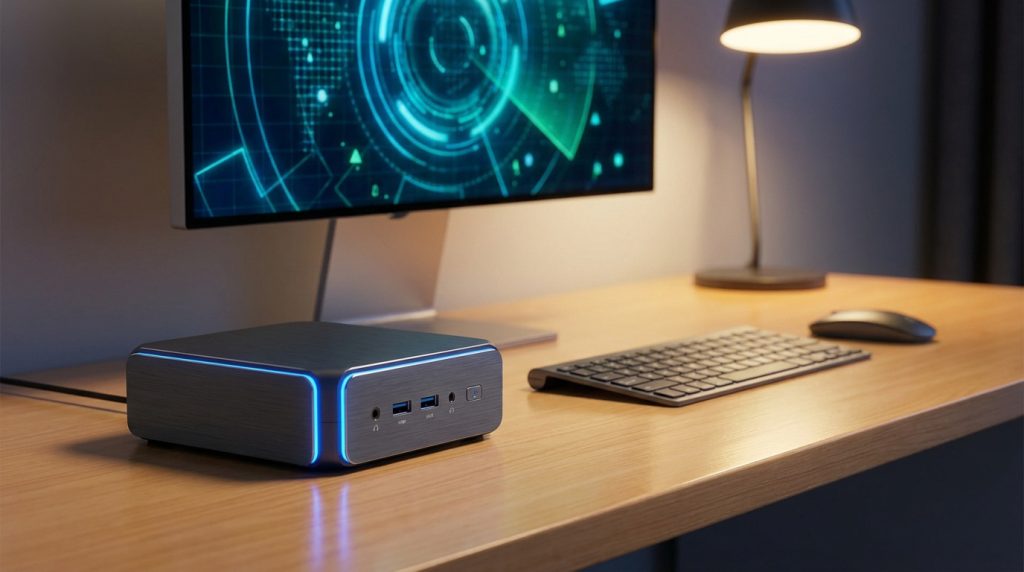 Un mini PC Geekom élégant avec des lumières LED bleues posé sur un bureau moderne devant un écran d'ordinateur.