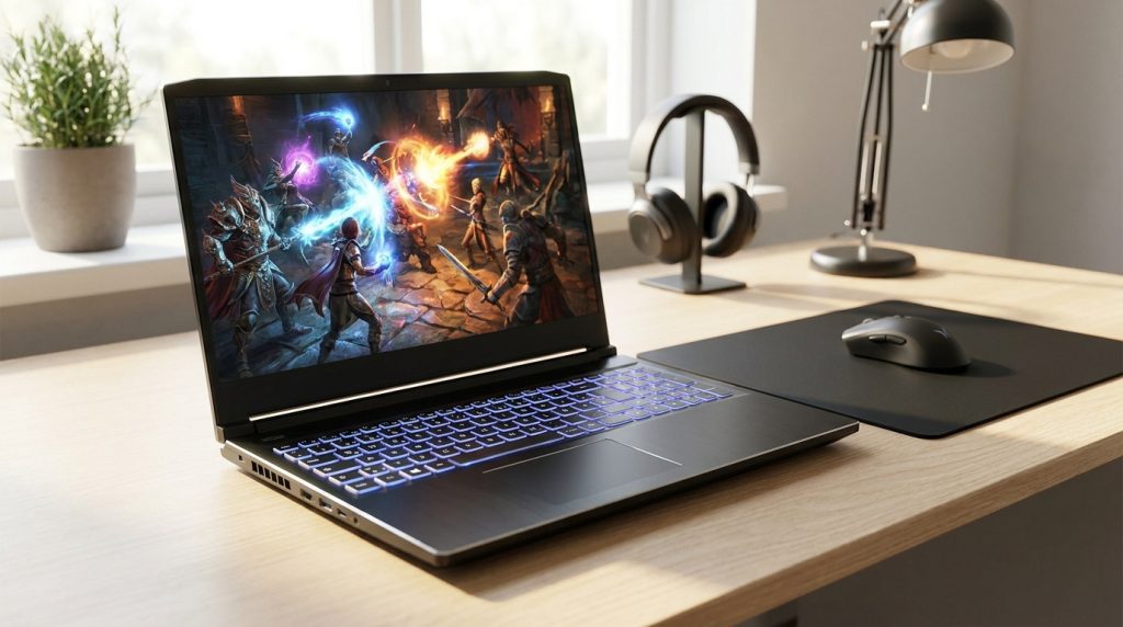 PC portable Erazer Crawler E30E avec un jeu vidéo affiché à l'écran, posé sur un bureau moderne près d'une fenêtre.