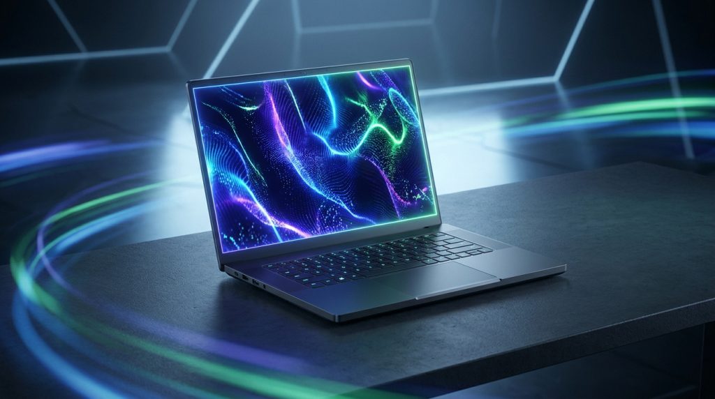 Ordinateur portable gaming Lenovo LOQ sur une table sombre avec des effets lumineux abstraits en arrière-plan.