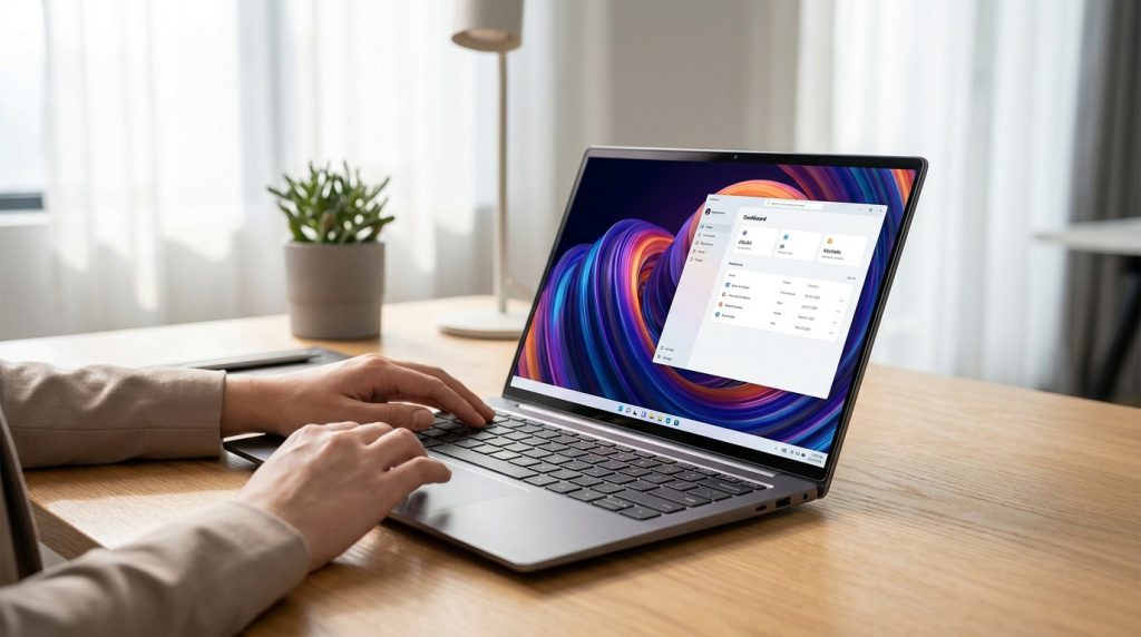 Mains d'une personne utilisant un ordinateur portable Lenovo Yoga Slim 7 sur un bureau en bois lumineux.