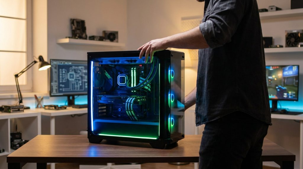 Un technicien ajuste un ordinateur gaming avec éclairage RGB dans un atelier informatique moderne.